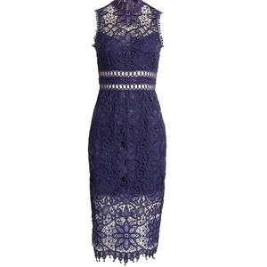 Saylor Rue Lace Sheath Embroidered Cocktail Midi Dress (M)